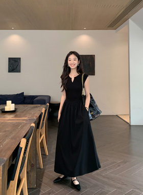 MULVAN V领连衣裙女夏垂感优雅无袖背心裙子法式气质收腰长裙