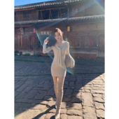 MULVAN知性摩卡 气质飘带V领针织连衣裙女温柔打底内搭长袖 包臀裙