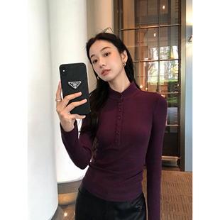 修身 MULVAN t恤女针织打底衫 亨利领长袖 气质内搭上衣 模糊记忆