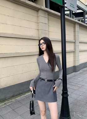 MULVAN 灰色半身裙女新款高腰包臀A字裙子百搭防走光短裙裤