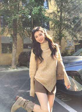 MULVAN 松弛静奢 设计感不规则高领蝙蝠袖毛衣女宽松气质针织衫