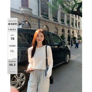 上衣 MULVAN白色长袖 t恤女秋款 基础款 正肩纯棉针织内搭打底衫
