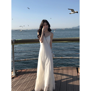 MULVAN 度假风网纱吊带连衣裙女气质立体花朵收腰长裙子 夏日小花