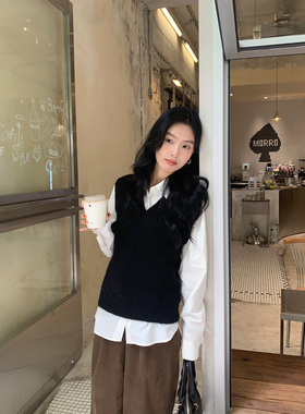 MULVAN 【现货6折】灰色叠穿羊毛V领马甲针织背心女秋冬无袖上衣