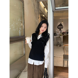 MULVAN 【现货6折】灰色叠穿羊毛V领马甲针织背心女秋冬无袖上衣