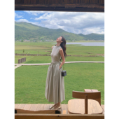 MULVAN 现货7折 气质半高领背心连衣裙女收腰后背镂空大摆裙