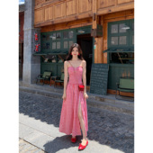 MULVAN 格子抹胸连衣裙女夏无袖 气质裙子设计感开叉收腰长裙