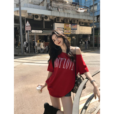 MULVAN 美式西海岸 多巴胺宽松慵懒斜肩短袖上衣女夏热辣露肩t恤