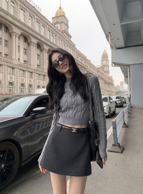 MULVAN 韩系高腰半身裙女秋冬新款显瘦百搭毛呢a字防走光裤短裙子