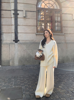 MULVAN 【现货7折】素调随性 白色宽松休闲V领毛衣女休闲裤套装