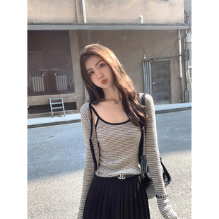 短款 MULVAN两件套条纹针织衫 叠穿吊带开衫 女秋冬新款 上衣 修身