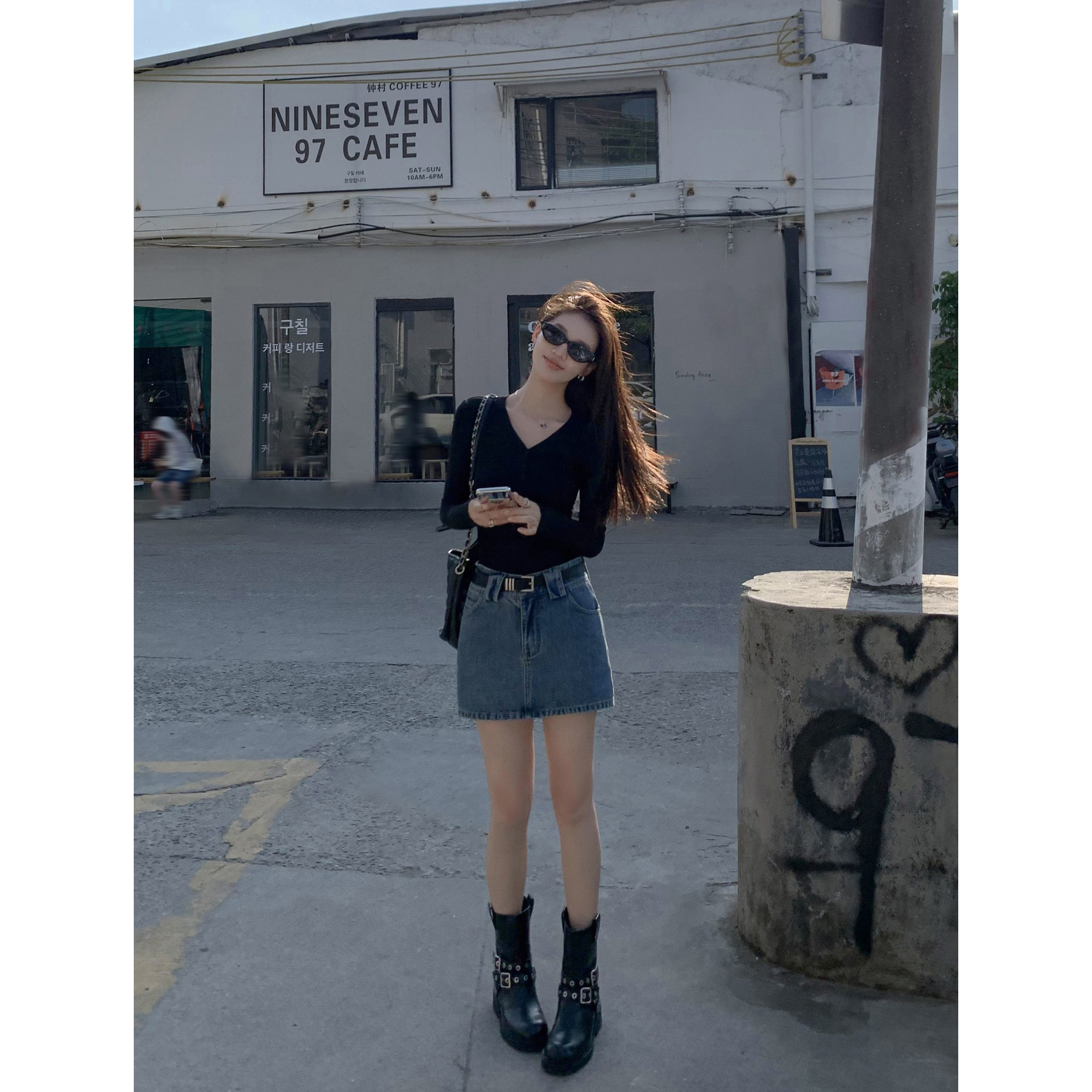 MULVAN 复古蓝色牛仔半身裙女秋季防走光a字高腰辣妹包臀裙短裤裙