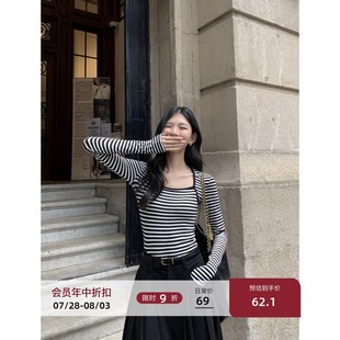 黑白条纹方领长袖 新款 MULVAN t恤女秋季 针织上衣 修身 内搭打底衫