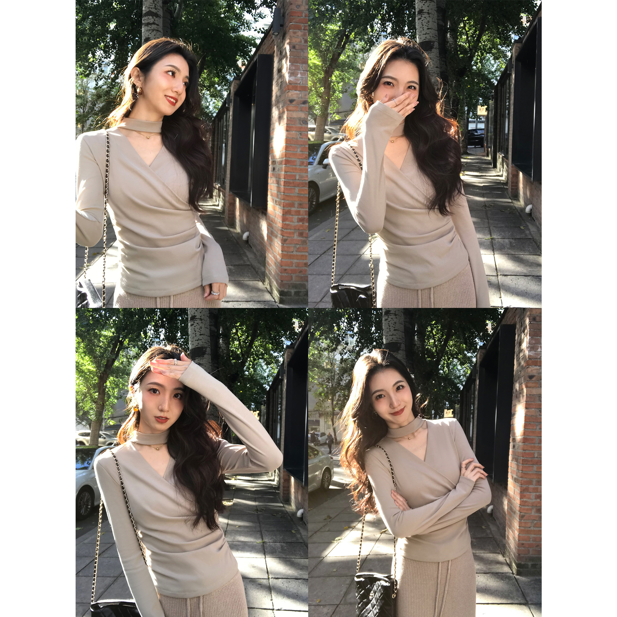 MULVAN 慵懒缪斯 优雅V领长袖针织衫女设计感挂脖修身打底上衣