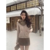 貉子毛领连帽针织开衫 MULVAN 雪域沉香 女设计感绞花拉链毛衣外套