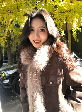 MULVAN 都灵棕雪 复古两面穿仿皮草短外套女翻领皮毛一体毛毛大衣