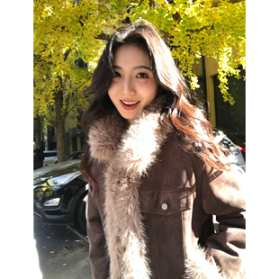 MULVAN 都灵棕雪 复古两面穿仿皮草短外套女翻领皮毛一体毛毛大衣