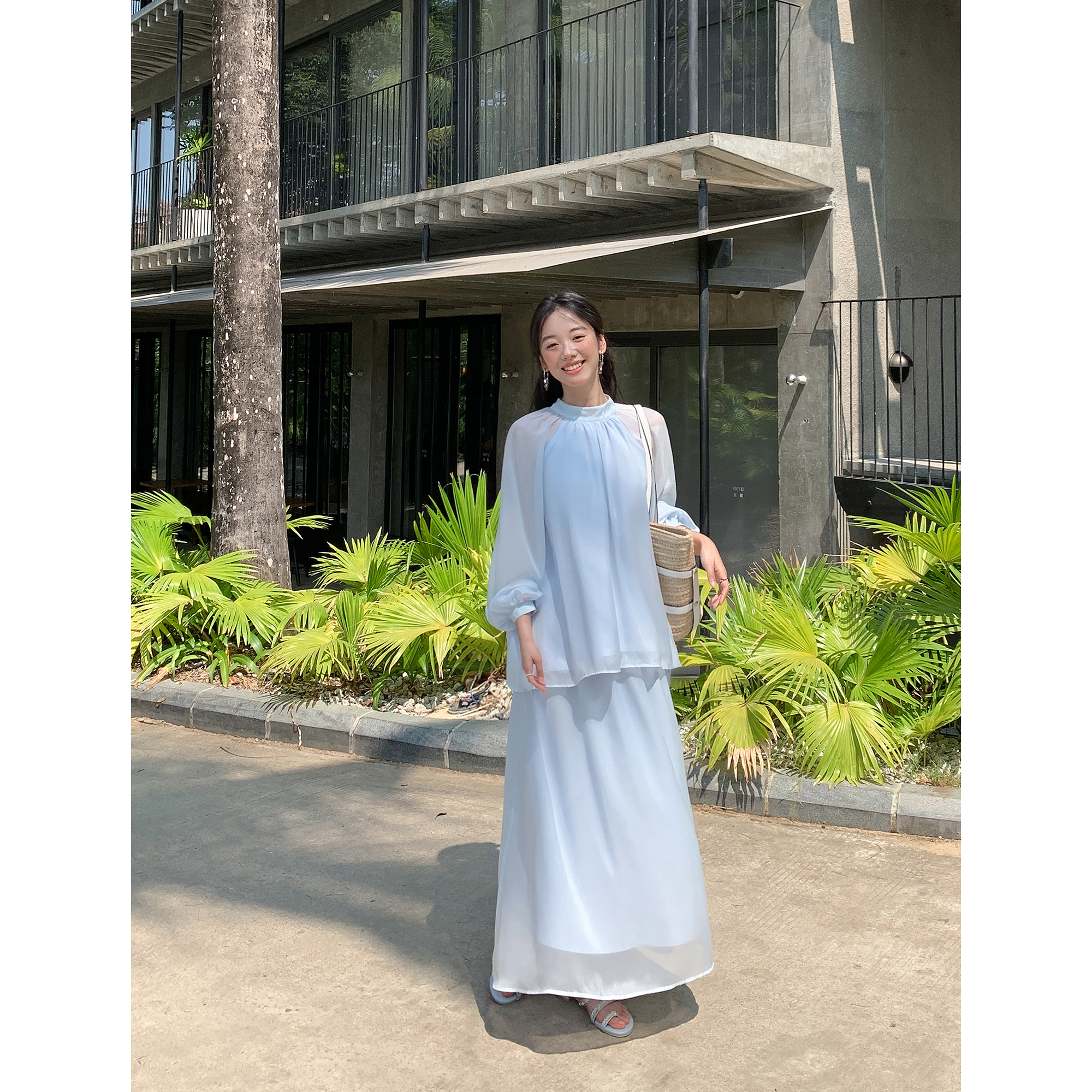 MULVAN 慵懒风宽松雪纺衬衫女长袖衬衣a字伞裙长款半身裙防晒套装