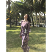 复古印花船领喇叭袖 MULVAN 游园花梦 连衣裙女设计感收腰气质长裙