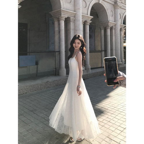 MULVAN 夏日小花 度假风网纱吊带连衣裙女气质立体花朵收腰长裙子