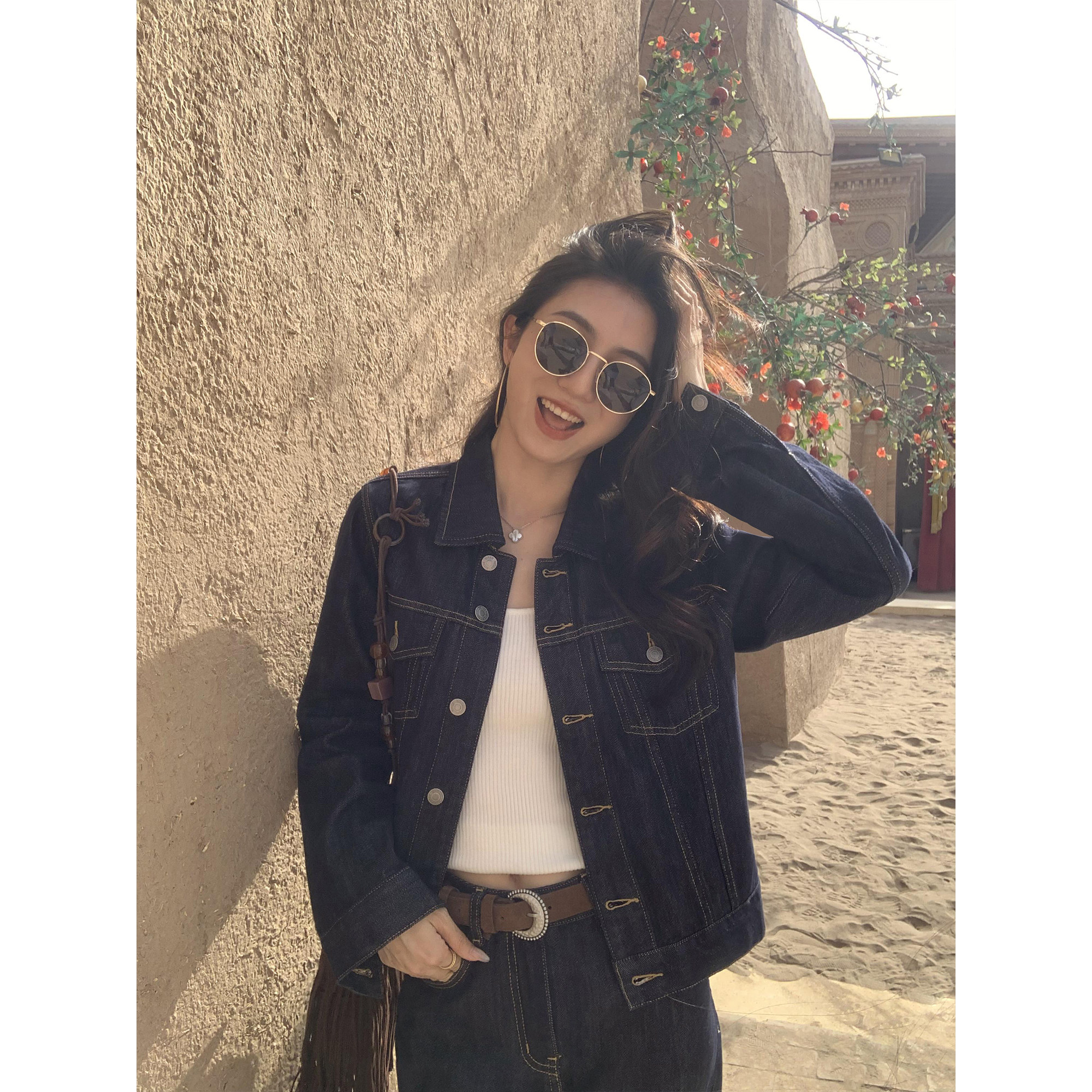 MULVAN  型走都市 复古牛仔套装女宽松原色外套+高腰喇叭阔腿裤