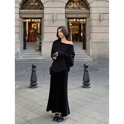 时髦修身丝绒半身裙鱼尾裙摆