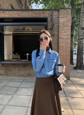 MULVAN【现货7折】 复古蓝色牛仔衬衫女春秋内搭叠穿气质上衣