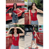 MULVAN 方领针织无袖 背心女外穿夏弹力小众设计撞色吊带上衣