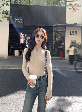 MULVAN 棉棉气泡 半开领拉链长袖针织衫女韩系半高领短款打底上衣