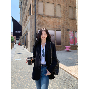 MULVAN 外套女春秋高级感气质宽松显瘦休闲垫肩西服 黑色西装