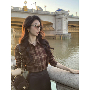 女通勤宽松廓形长袖 复古咖色格子翻领衬衫 衬衣 漫游模式 MULVAN