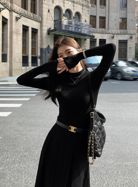 MULVAN 黑色半高领针织衫女秋冬修身打底衫百搭内搭长袖上衣