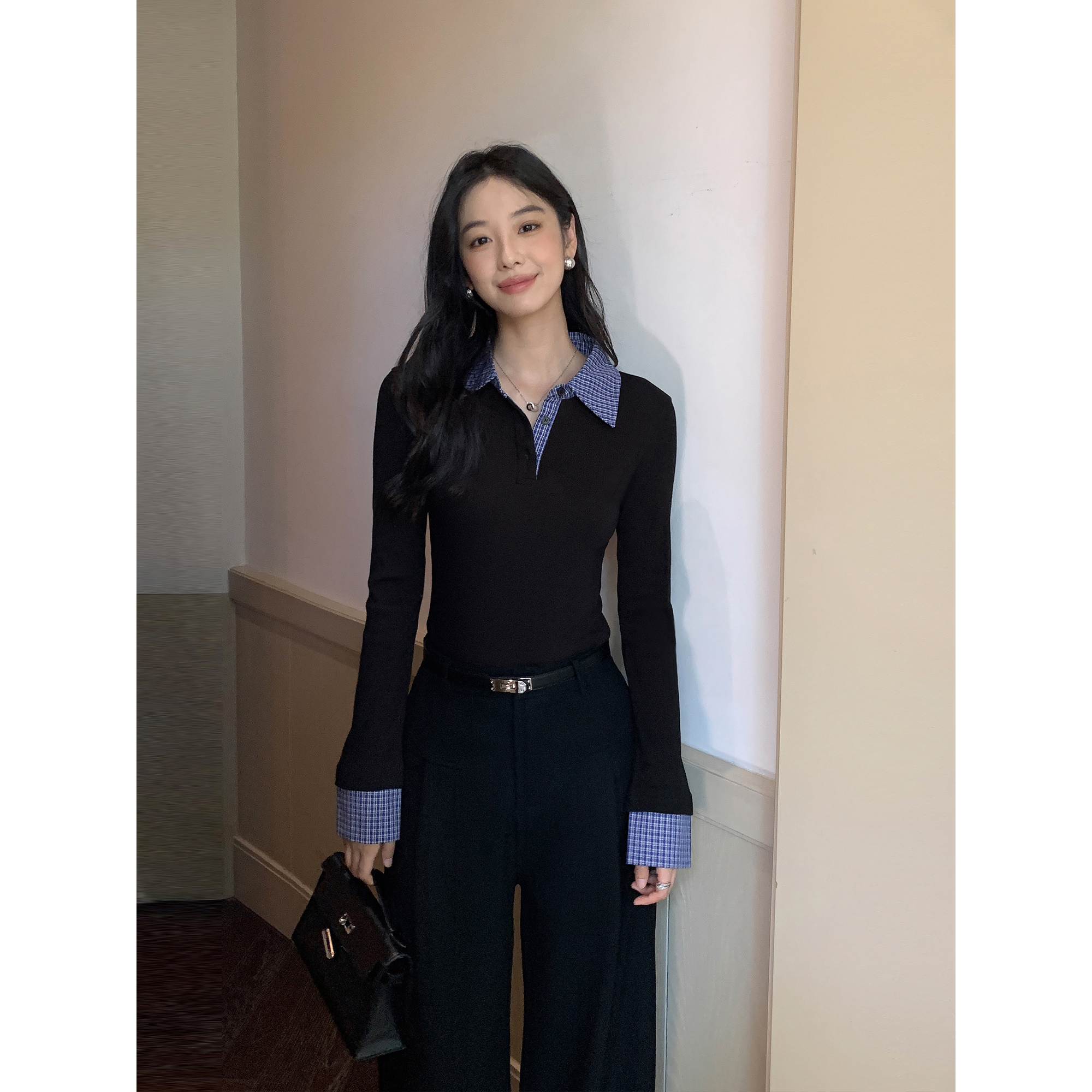 复古格子拼接Polo领假两件针织衫