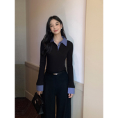 加州游记 美式 复古格子拼接Polo领针织衫 MULVAN 女长袖 假两件上衣