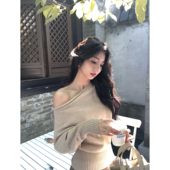 MULVAN 宽松露肩毛衣 女蝙蝠袖 老钱taste 慵懒风气质斜肩针织衫