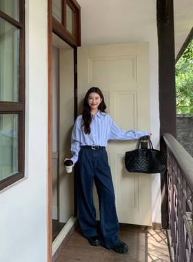 MULVAN【现货7折】深蓝色休闲牛仔裤女高腰宽松显瘦拖地阔腿长裤