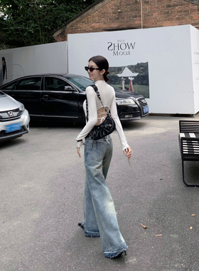 MULVAN 费尔海岛 蓝色喇叭牛仔裤女毛边设计感小众复古修身长裤