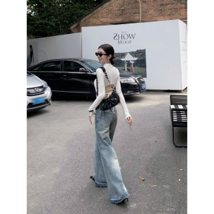 长裤 MULVAN 女毛边设计感小众复古修身 蓝色喇叭牛仔裤 费尔海岛