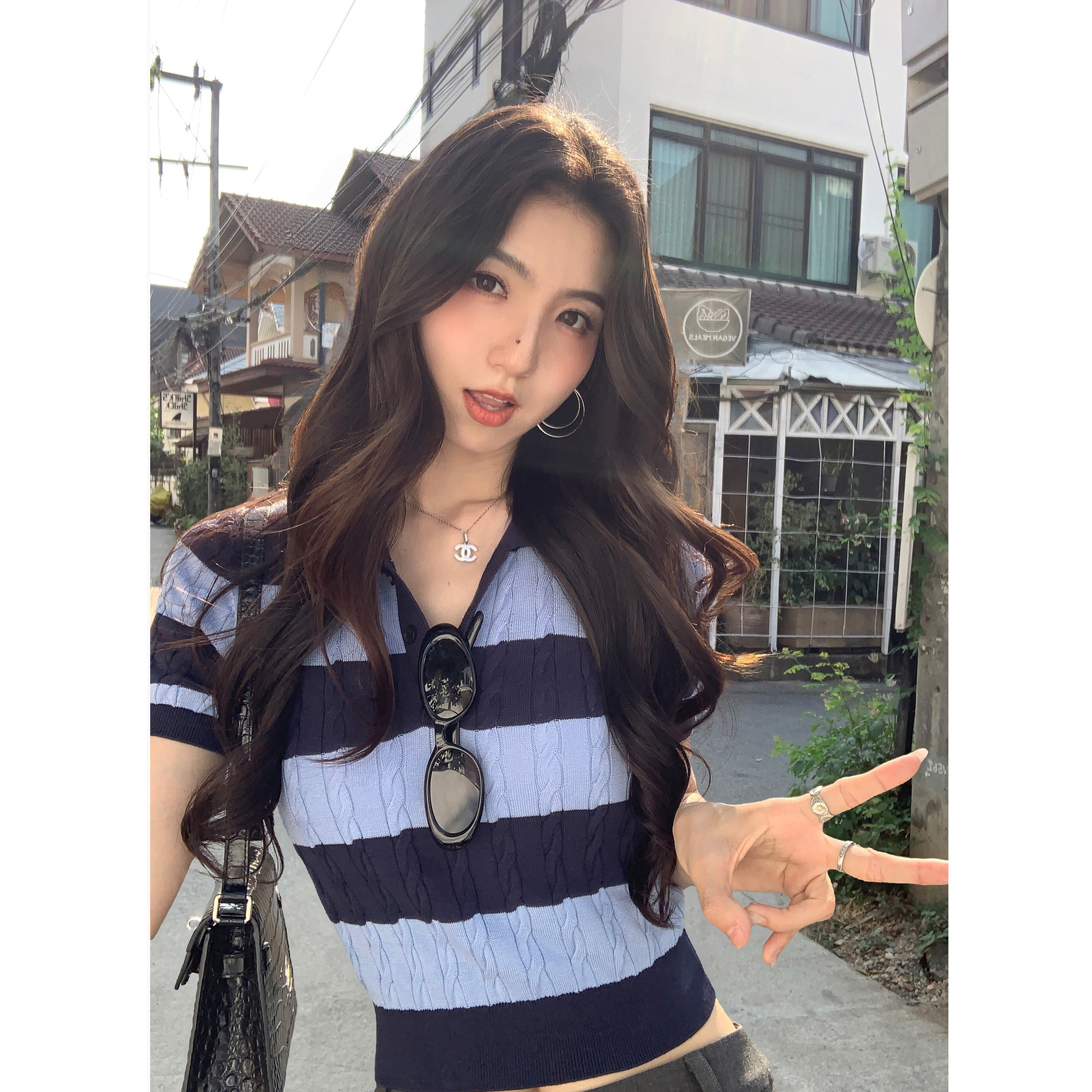 MULVAN 舒适随性 复古麻花polo短袖针织衫女莱赛尔短款正肩T恤