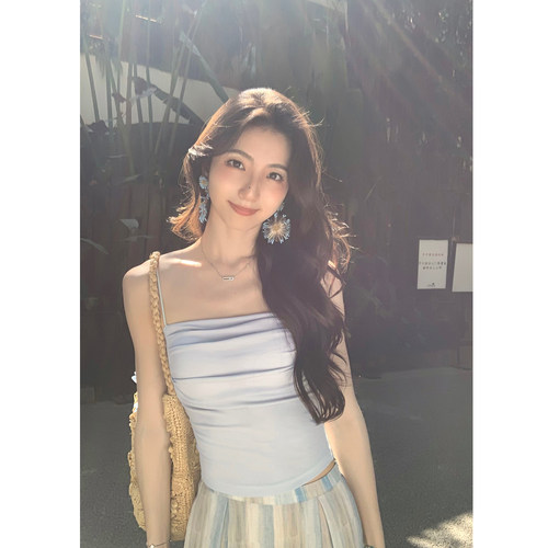 MULVAN 自留单品 带胸垫方领吊带背心女设计感褶皱修身短款上衣