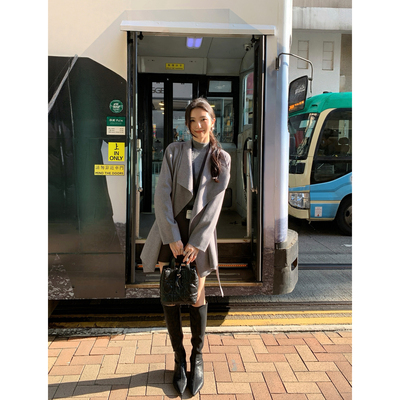 MULVAN 纽约冬令时 高级感气质针织开衫女黑色中长款外套~配腰带