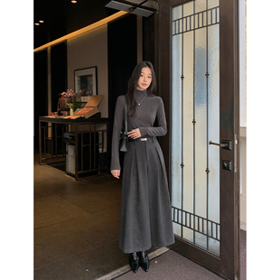 女高腰宽松休闲压褶裙裤 复古深灰色毛呢阔腿裤 周末看展 MULVAN