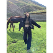 复古高腰宽松显瘦休闲百搭直筒阔腿裤 女秋季 深蓝色牛仔裤 MULVAN