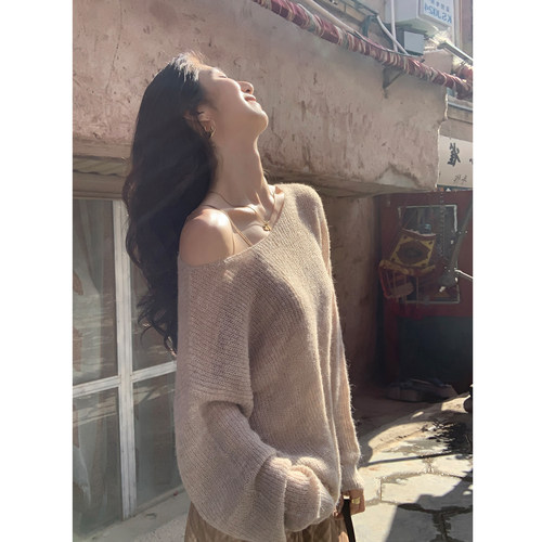 MULVAN  清冷感淡人 柔软马海毛斜肩毛衣女微透宽松防晒罩衫上衣