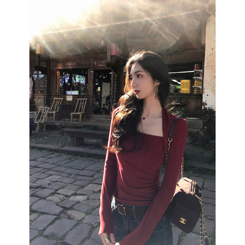MULVAN 摩登画报 假两件方领长袖针织衫女高级感褶皱修身打底上衣