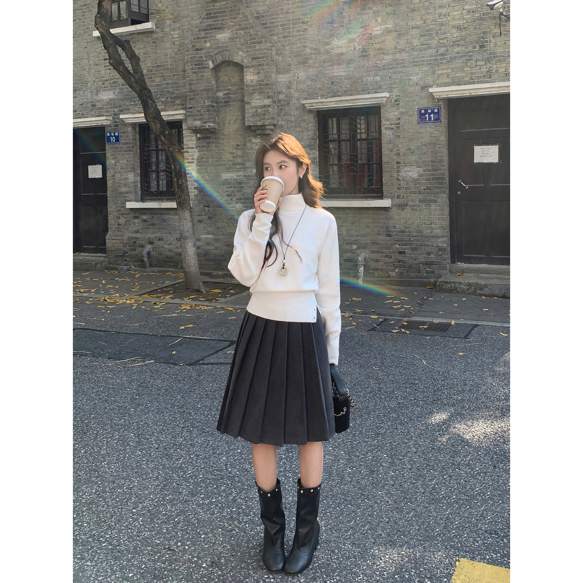 MULVAN 减龄公式 复古棕咖色毛呢半身裙女学院风高腰a字百褶半裙