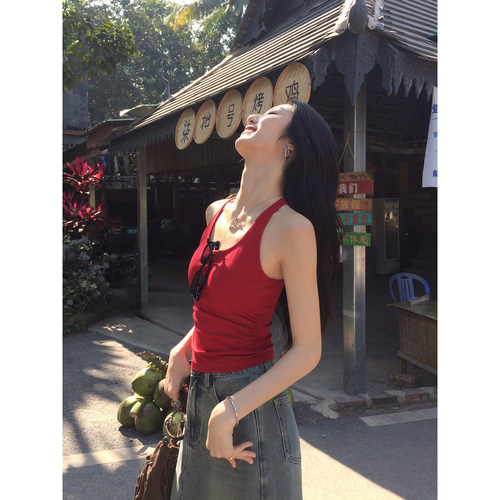 红色带胸垫吊带背心女外穿夏季