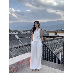 MULVAN 都市女神 缎面荡领挂脖吊带上衣两件套+直筒阔腿休闲裤女