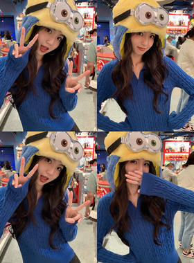 MULVAN【现货8折】 卢塞恩初秋 复古麻花polo领毛衣女蓝色上衣