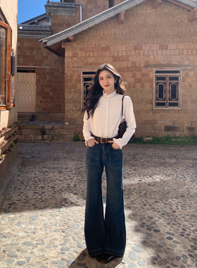 MULVAN C位牛仔 高腰微喇阔腿牛仔裤女宽松直筒喇叭裤蓝色长裤子